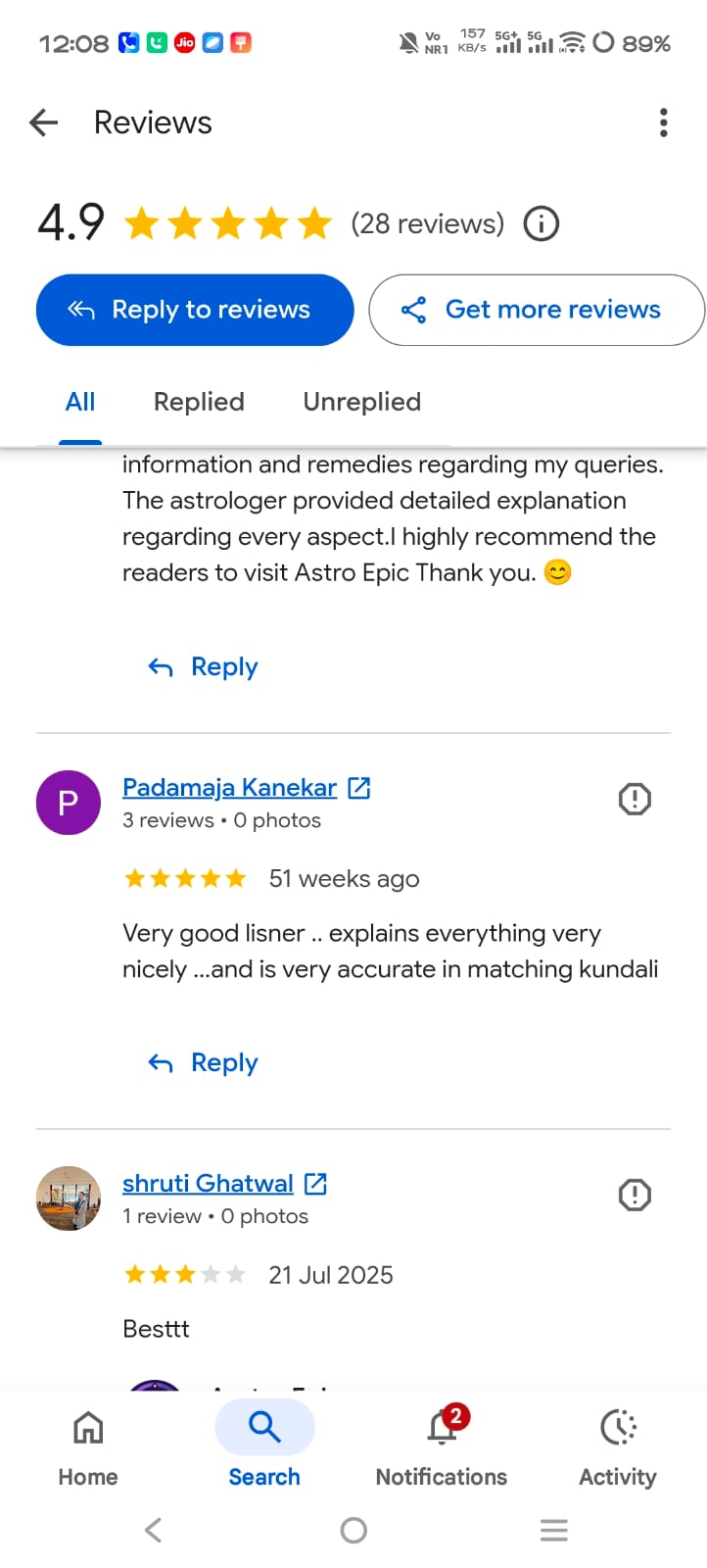 Google reviews mentioning detailed explanations and Kundali matching